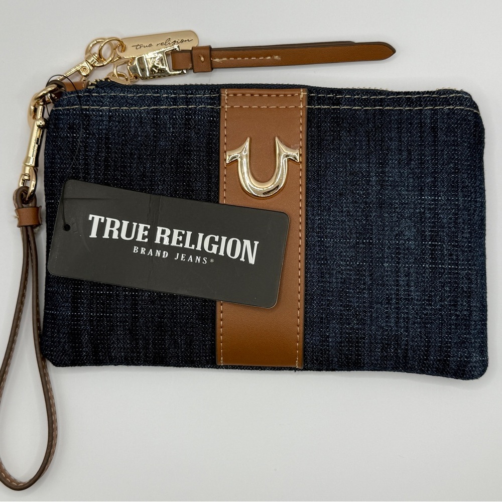 True Religion Blue Denim Clutch with Brown Accents